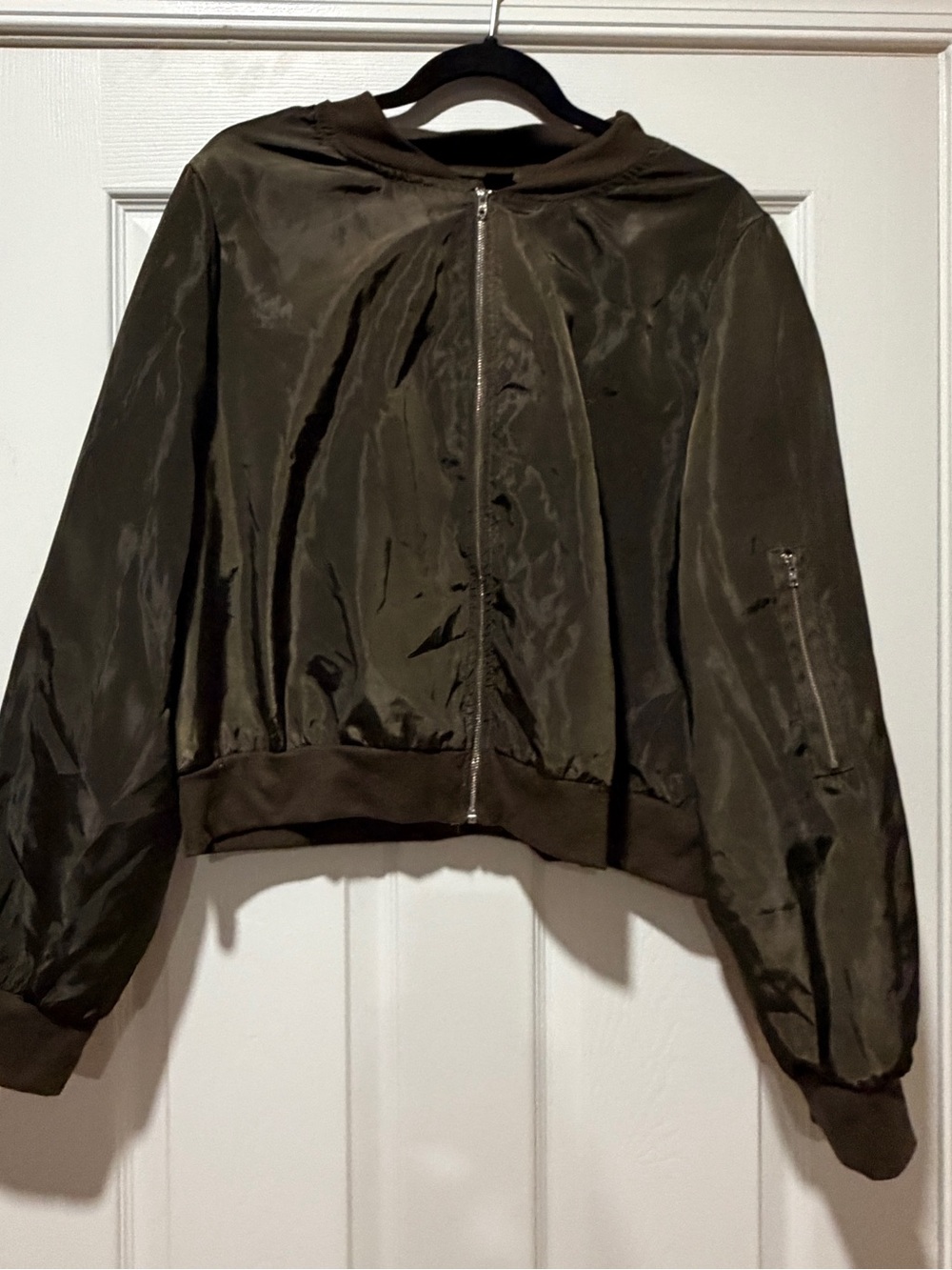 SHEIN Olive Green Satin Bomber Jacket with Front Zip